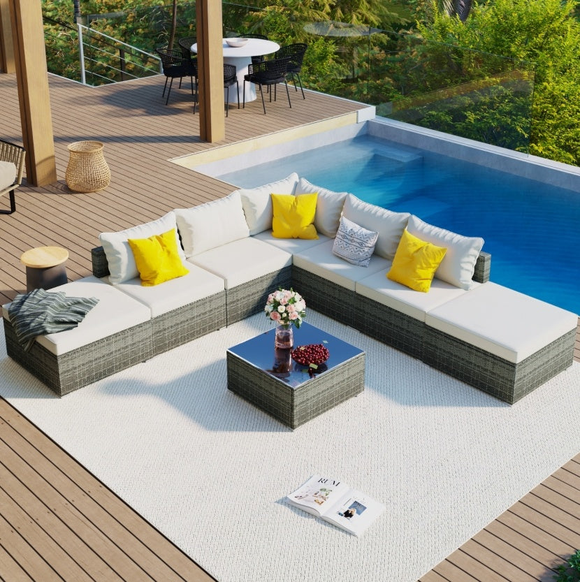 Salon de Jardin 8 Pièces en Osier avec Coussins Beige